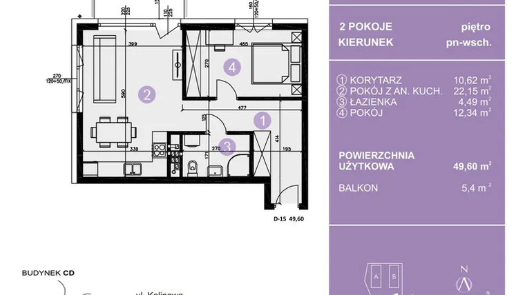 Rzut - Mieszkanie na sprzedaż 2 pokoje o powierzchni 49,6 m² - numer D-15 w AURA Warszewo bud. C i D