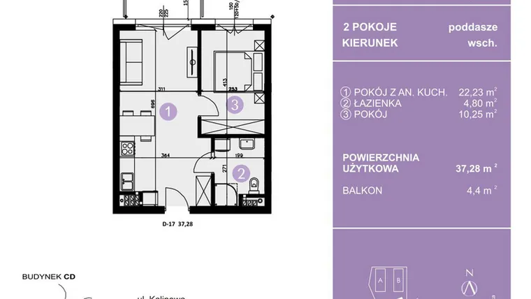 Rzut - Mieszkanie na sprzedaż 2 pokoje o powierzchni 37,28 m² - numer D-17 w AURA Warszewo bud. C i D