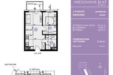 Rzut - Mieszkanie na sprzedaż 2 pokoje o powierzchni 37,28 m² - numer D-17 w AURA Warszewo bud. C i D