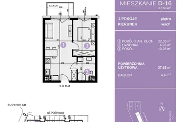 Rzut - Mieszkanie na sprzedaż 2 pokoje o powierzchni 37,53 m² - numer D-16 w AURA Warszewo bud. C i D