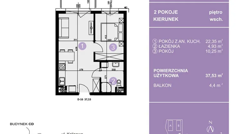 Rzut - Mieszkanie na sprzedaż 2 pokoje o powierzchni 37,53 m² - numer D-16 w AURA Warszewo bud. C i D