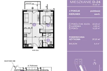 Rzut - Mieszkanie na sprzedaż 2 pokoje o powierzchni 37,31 m² - numer D-24 w AURA Warszewo bud. C i D