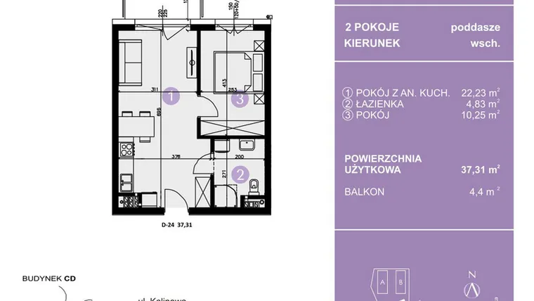 Rzut - Mieszkanie na sprzedaż 2 pokoje o powierzchni 37,31 m² - numer D-24 w AURA Warszewo bud. C i D