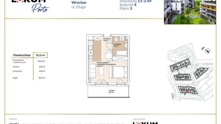 Rzut - Mieszkanie na sprzedaż 1 pokój o powierzchni 32,1 m² - numer E1-3-49 w Lokum Porto etap VI