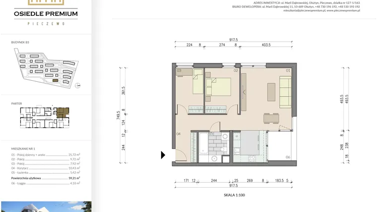 Rzut - Mieszkanie na sprzedaż 3 pokoje o powierzchni 59,21 m² - numer B3.1 w Osiedle Premium etap IV
