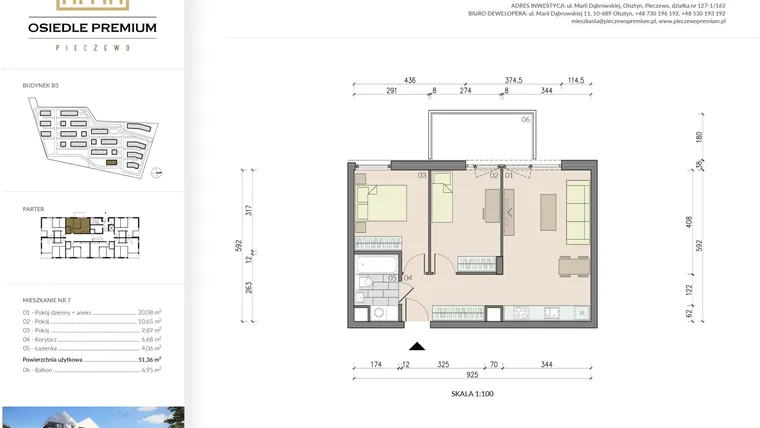 Rzut - Mieszkanie na sprzedaż 3 pokoje o powierzchni 51,36 m² - numer B3.7 w Osiedle Premium etap IV