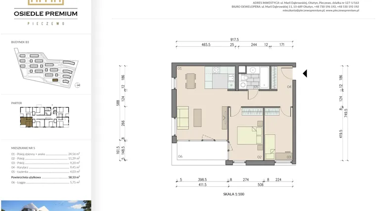 Rzut - Mieszkanie na sprzedaż 3 pokoje o powierzchni 58,53 m² - numer B3.5 w Osiedle Premium etap IV