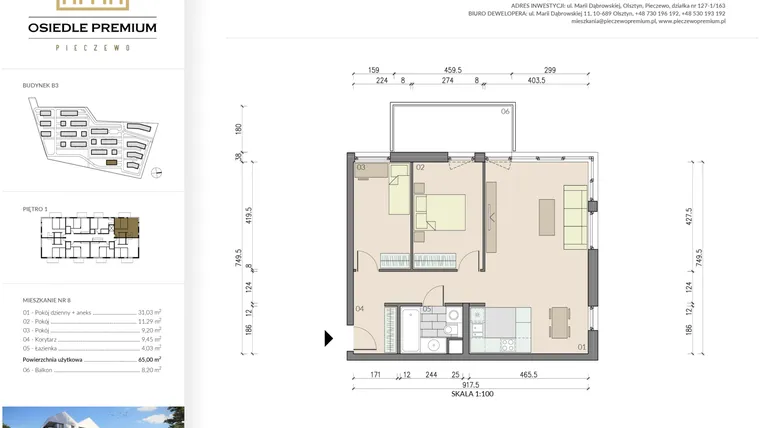 Rzut - Mieszkanie na sprzedaż 3 pokoje o powierzchni 65 m² - numer B3.8 w Osiedle Premium etap IV