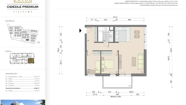 Rzut - Mieszkanie na sprzedaż 3 pokoje o powierzchni 64,88 m² - numer B3.9 w Osiedle Premium etap IV