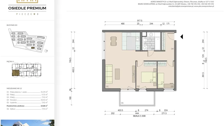 Rzut - Mieszkanie na sprzedaż 3 pokoje o powierzchni 64,88 m² - numer B3.12 w Osiedle Premium etap IV