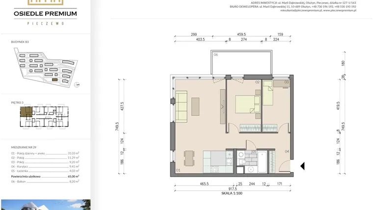 Rzut - Mieszkanie na sprzedaż 3 pokoje o powierzchni 65 m² - numer B3.29 w Osiedle Premium etap IV
