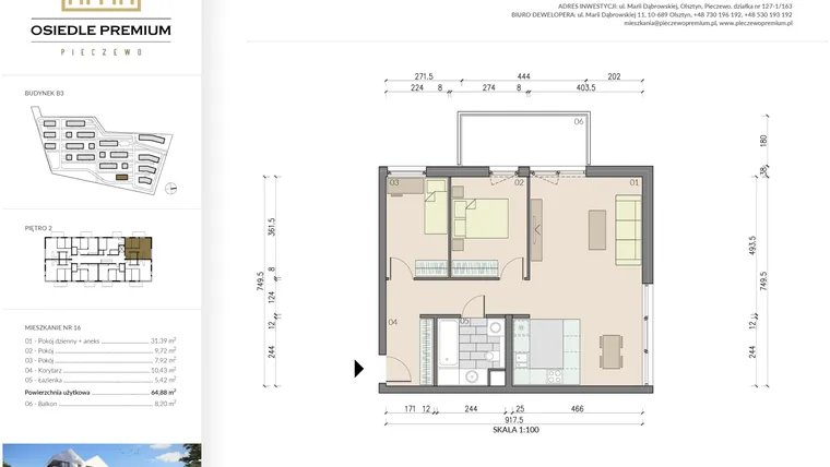 Rzut - Mieszkanie na sprzedaż 3 pokoje o powierzchni 64,88 m² - numer B3.16 w Osiedle Premium etap IV