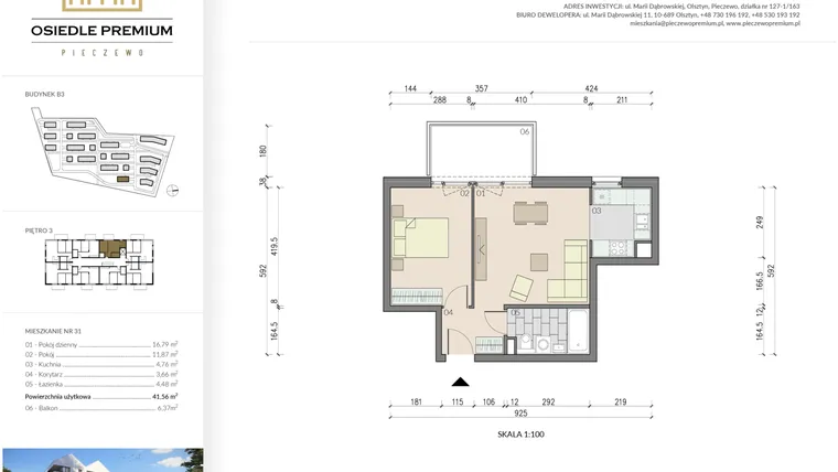 Rzut - Mieszkanie na sprzedaż 2 pokoje o powierzchni 41,56 m² - numer B3.31 w Osiedle Premium etap IV