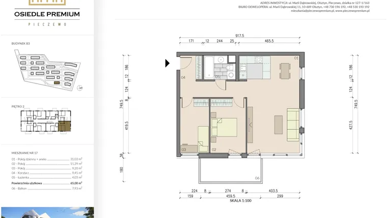 Rzut - Mieszkanie na sprzedaż 3 pokoje o powierzchni 65 m² - numer B3.17 w Osiedle Premium etap IV