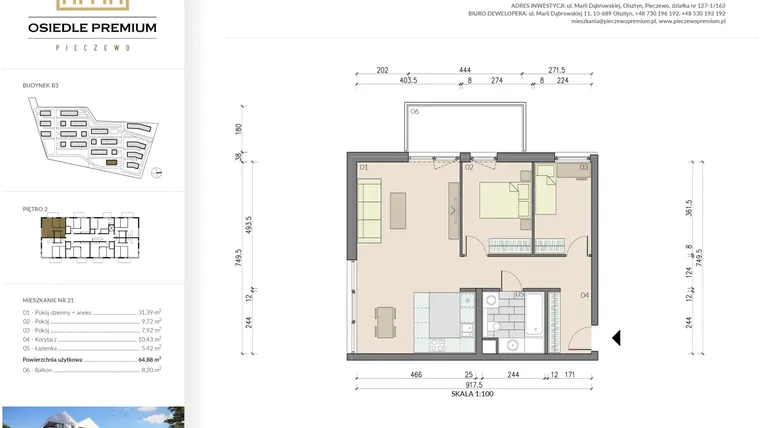 Rzut - Mieszkanie na sprzedaż 3 pokoje o powierzchni 64,88 m² - numer B3.21 w Osiedle Premium etap IV