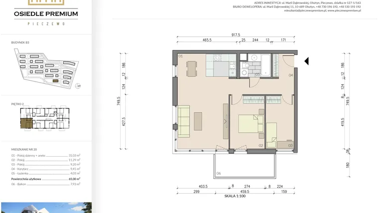 Rzut - Mieszkanie na sprzedaż 3 pokoje o powierzchni 65 m² - numer B3.20 w Osiedle Premium etap IV