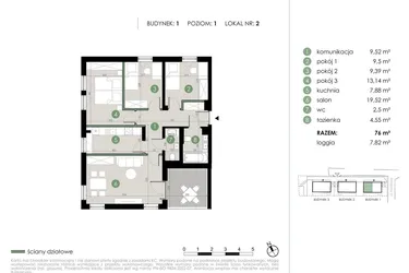 Rzut - Mieszkanie na sprzedaż 4 pokoje o powierzchni 76 m² - numer 1.2. w Osiedle Kwiatowa