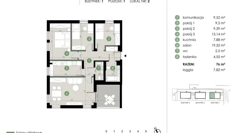 Rzut - Mieszkanie na sprzedaż 4 pokoje o powierzchni 76 m² - numer 1.2. w Osiedle Kwiatowa