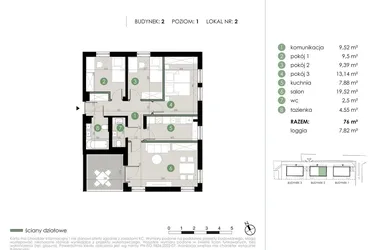 Rzut - Mieszkanie na sprzedaż 4 pokoje o powierzchni 76 m² - numer 2.2. w Osiedle Kwiatowa