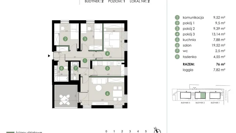 Rzut - Mieszkanie na sprzedaż 4 pokoje o powierzchni 76 m² - numer 2.2. w Osiedle Kwiatowa