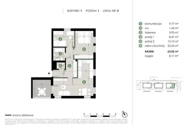 Rzut - Mieszkanie na sprzedaż 3 pokoje o powierzchni 62,02 m² - numer 1.3. w Osiedle Kwiatowa