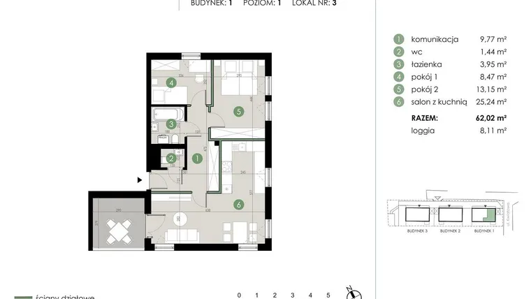 Rzut - Mieszkanie na sprzedaż 3 pokoje o powierzchni 62,02 m² - numer 1.3. w Osiedle Kwiatowa