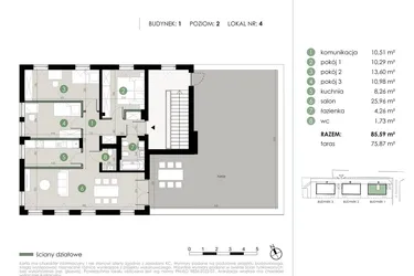 Rzut - Mieszkanie na sprzedaż 4 pokoje o powierzchni 85,59 m² - numer 1.4. w Osiedle Kwiatowa