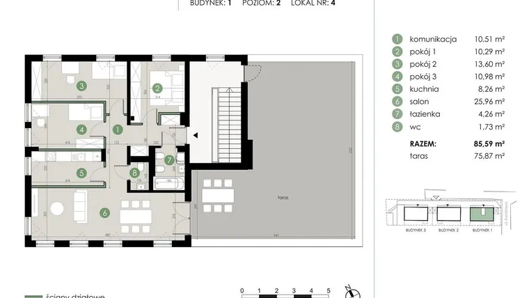 Rzut - Mieszkanie na sprzedaż 4 pokoje o powierzchni 85,59 m² - numer 1.4. w Osiedle Kwiatowa
