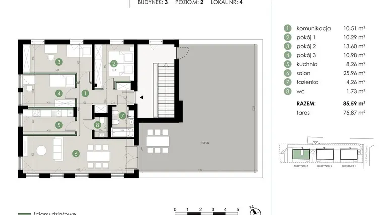 Rzut - Mieszkanie na sprzedaż 2 pokoje o powierzchni 85,59 m² - numer 3.4. w Osiedle Kwiatowa