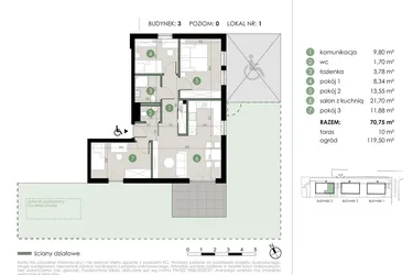 Rzut - Mieszkanie na sprzedaż 4 pokoje o powierzchni 70,75 m² - numer 3.1. w Osiedle Kwiatowa