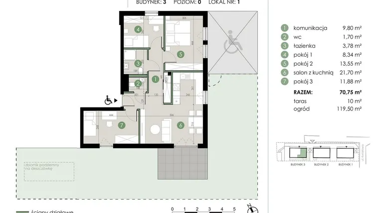 Rzut - Mieszkanie na sprzedaż 4 pokoje o powierzchni 70,75 m² - numer 3.1. w Osiedle Kwiatowa