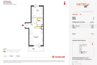 Rzut - Mieszkanie na sprzedaż 2 pokoje o powierzchni 44,93 m² - numer 65 w Metro Art 7