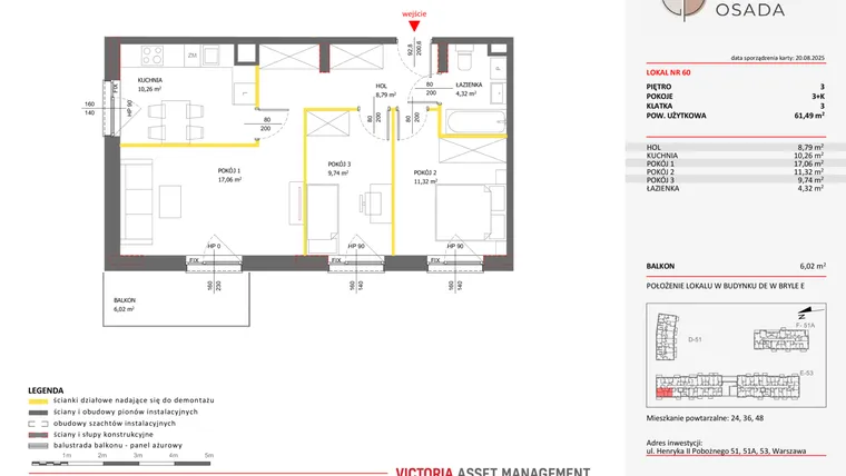 Rzut - Mieszkanie na sprzedaż 3 pokoje o powierzchni 61,49 m² - numer E.60 w Piastova Osada