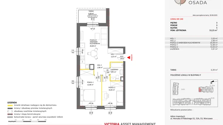 Rzut - Mieszkanie na sprzedaż 3 pokoje o powierzchni 53,25 m² - numer F.140 w Piastova Osada