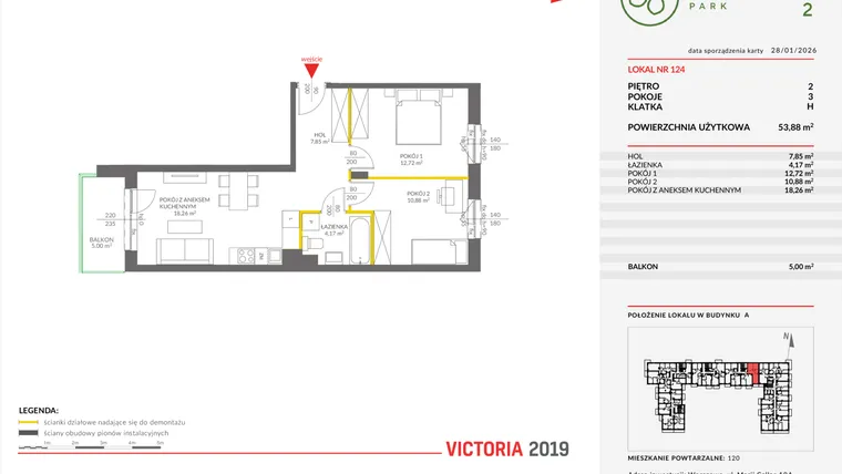 Rzut - Mieszkanie na sprzedaż 3 pokoje o powierzchni 53,8 m² - numer A.124 w Olchowy Park II