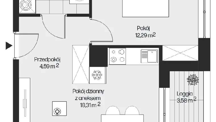 Rzut - Mieszkanie na sprzedaż 2 pokoje o powierzchni 39,71 m² - numer G1-109 w Piasta Park VI