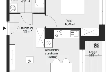 Rzut - Mieszkanie na sprzedaż 2 pokoje o powierzchni 39,57 m² - numer G1-115 w Piasta Park VI
