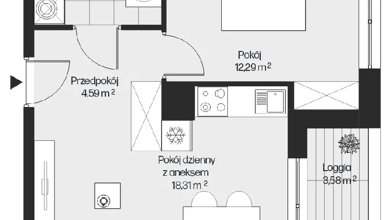 Rzut - Mieszkanie na sprzedaż 2 pokoje o powierzchni 39,57 m² - numer G1-115 w Piasta Park VI