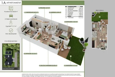 Rzut - Mieszkanie na sprzedaż 3 pokoje o powierzchni 56 m² - numer 1A w Green House Tuwima