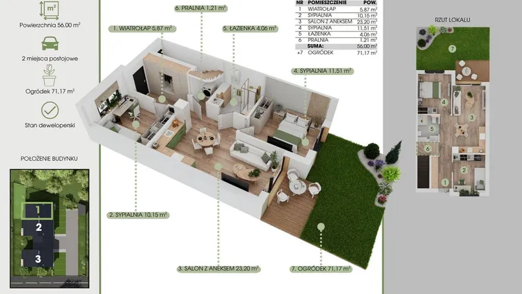 Rzut - Mieszkanie na sprzedaż 3 pokoje o powierzchni 56 m² - numer 1A w Green House Tuwima