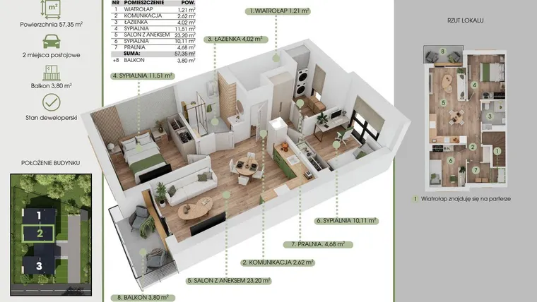 Rzut - Mieszkanie na sprzedaż 3 pokoje o powierzchni 57,35 m² - numer 2B w Green House Tuwima