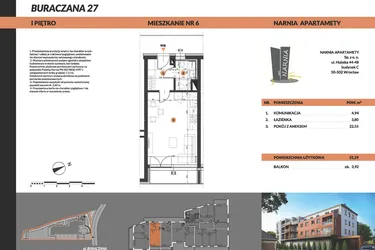 Rzut - Mieszkanie na sprzedaż 1 pokój o powierzchni 31,29 m² - numer 6 w Buraczana 27