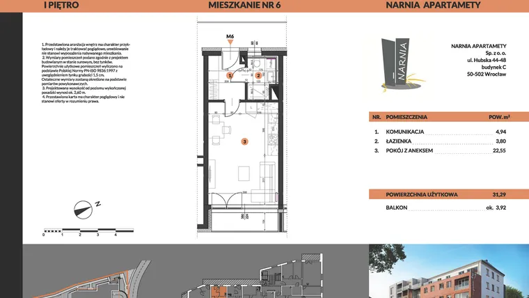 Rzut - Mieszkanie na sprzedaż 1 pokój o powierzchni 31,29 m² - numer 6 w Buraczana 27