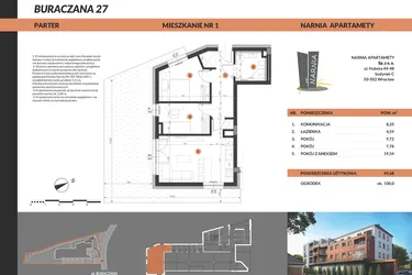 Rzut - Mieszkanie na sprzedaż 3 pokoje o powierzchni 49,68 m² - numer 1 w Buraczana 27