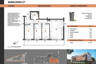 Rzut - Mieszkanie na sprzedaż 4 pokoje o powierzchni 73,41 m² - numer 3 w Buraczana 27
