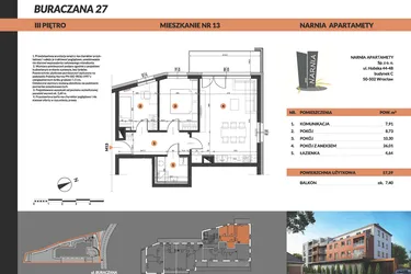 Rzut - Mieszkanie na sprzedaż 3 pokoje o powierzchni 57,59 m² - numer 13 w Buraczana 27