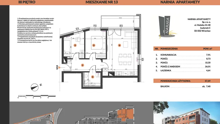Rzut - Mieszkanie na sprzedaż 3 pokoje o powierzchni 57,59 m² - numer 13 w Buraczana 27