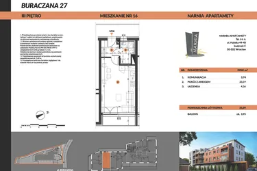 Rzut - Mieszkanie na sprzedaż 1 pokój o powierzchni 31,09 m² - numer 16 w Buraczana 27