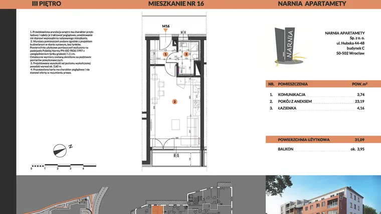 Rzut - Mieszkanie na sprzedaż 1 pokój o powierzchni 31,09 m² - numer 16 w Buraczana 27