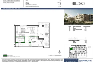 Rzut - Mieszkanie na sprzedaż 2 pokoje o powierzchni 46,17 m² - numer B-01 w Hillence etap 2